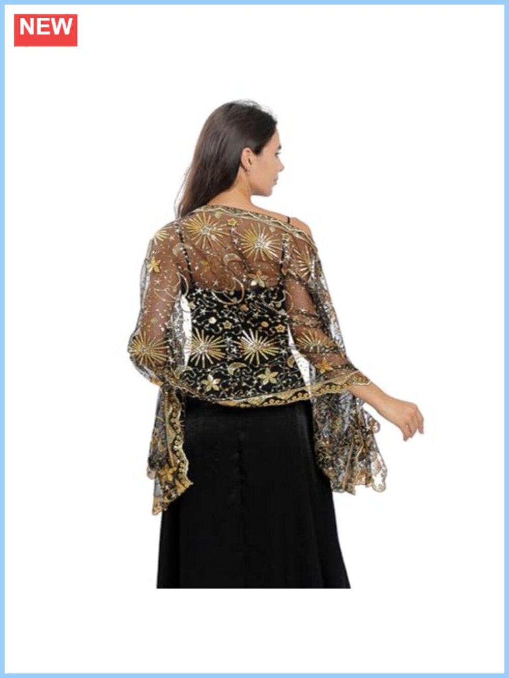 Moon Star Sequin Embroidered Pashmina Wrap Sheer Evening Wedding Shawl